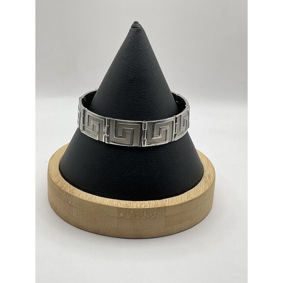 Greek Key Stainless Steel Bracelet Modern Design Silver Tone - Picture 1 of 3